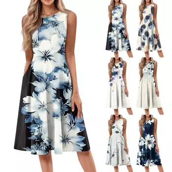 Женское повседневное модное платье миди с цветочным принтом и круглым вырезом без рукавов XXL