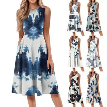 Женское повседневное модное платье миди с цветочным принтом и круглым вырезом без рукавов S