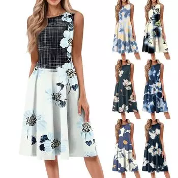 Женское повседневное модное платье миди с цветочным принтом и круглым вырезом без рукавов XXXL синий