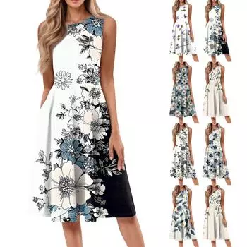 Женское повседневное модное платье миди с цветочным принтом и круглым вырезом без рукавов XL
