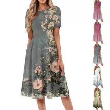 Женское повседневное модное платье миди с круглым вырезом и коротким рукавом с принтом M жёлтый