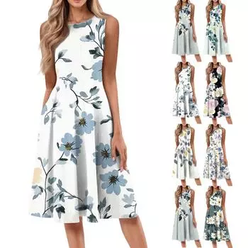 Женское повседневное модное платье миди с цветочным принтом и круглым вырезом без рукавов S бежевый