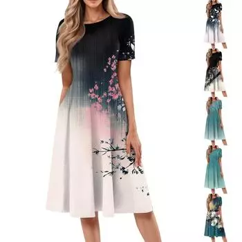 Женское повседневное модное платье миди с круглым вырезом и коротким рукавом с принтом M тёмно-синий