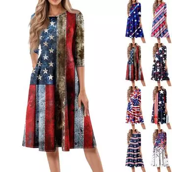 Женское повседневное модное платье миди с круглым вырезом и рукавом три четверти с принтом «День независимости» L тёмно-синий