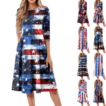 Женское повседневное модное платье миди с круглым вырезом и рукавом три четверти с принтом «День независимости» XXL красный