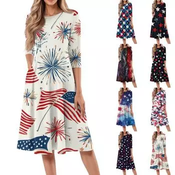 Женское повседневное модное платье миди с круглым вырезом и рукавом три четверти M