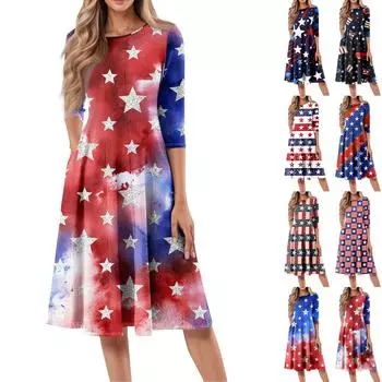 Женское повседневное модное платье миди с круглым вырезом и рукавом три четверти с принтом «День независимости» L красный