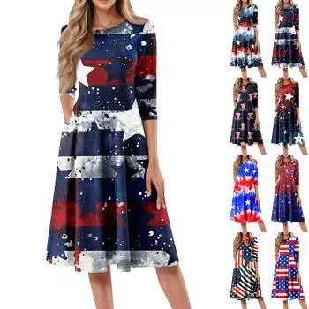 Женское повседневное модное платье миди с круглым вырезом и рукавом три четверти с принтом «День независимости» L синий