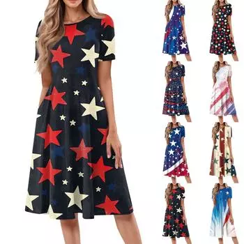 Женское повседневное модное платье миди с круглым вырезом и коротким рукавом с принтом M синий