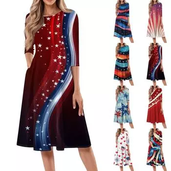 Женское повседневное модное платье миди с круглым вырезом и рукавом три четверти M красный