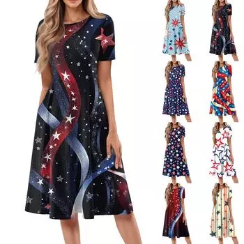 Женское повседневное модное платье миди с круглым вырезом и коротким рукавом с принтом L белый