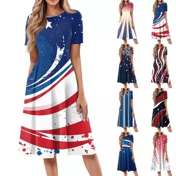 Женское повседневное модное платье миди с круглым вырезом и коротким рукавом с принтом L бежевый