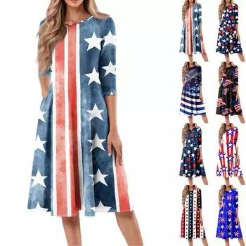 Женское повседневное модное платье миди с круглым вырезом и рукавом три четверти с принтом «День независимости» XXL синий