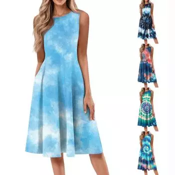 Женское повседневное модное платье миди с круглым вырезом и принтом тай-дай без рукавов, однотонное L темно-синий