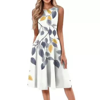 Женское повседневное модное платье миди с цветочным принтом и круглым вырезом без рукавов S