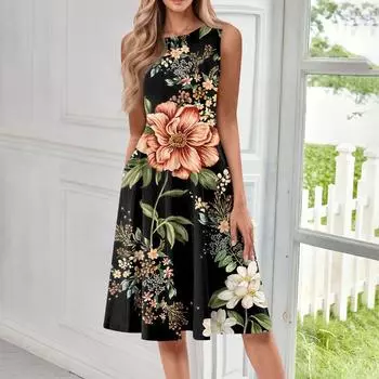 Женское повседневное модное платье миди с круглым вырезом без рукавов и принтом S синий