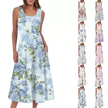 Женское повседневное модное платье миди с цветочным принтом и круглым вырезом без рукавов S