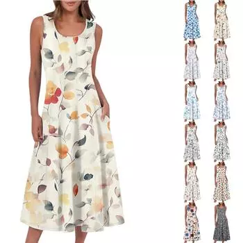 Женское повседневное модное платье миди с цветочным принтом и круглым вырезом без рукавов M