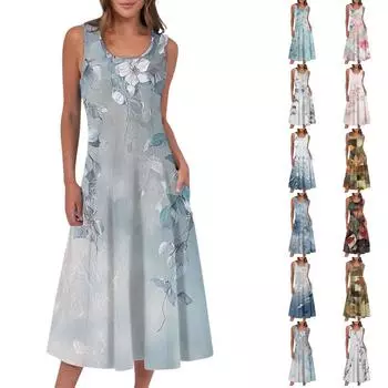 Женское повседневное модное платье миди с цветочным принтом и круглым вырезом без рукавов M тёмно-синий