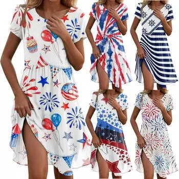 Женское повседневное модное платье миди с круглым вырезом и коротким рукавом с принтом «День независимости» M розовый