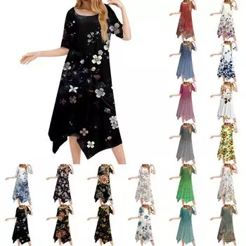 Женское повседневное модное платье миди с круглым вырезом и коротким рукавом с принтом и неровным подолом L армия зеленый