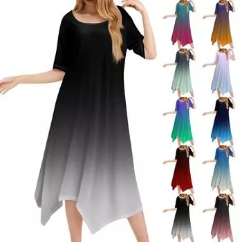 Женское повседневное модное платье миди с круглым вырезом и коротким рукавом с принтом и неровным подолом L чёрный