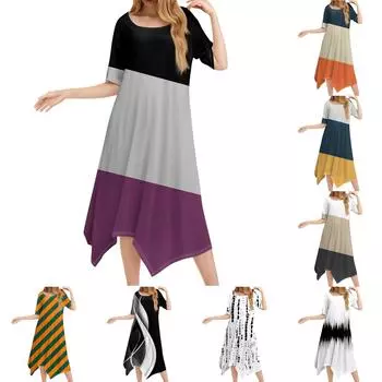 Женское повседневное модное платье миди с круглым вырезом и коротким рукавом с принтом и неровным подолом L бежевый