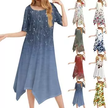 Женское повседневное модное платье миди с круглым вырезом и коротким рукавом с принтом и неровным подолом L армия зеленый