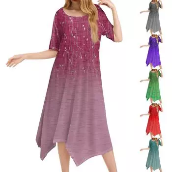 Женское повседневное модное платье миди с круглым вырезом и коротким рукавом с принтом и неровным подолом L зелёный