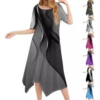 Женское повседневное модное платье миди с круглым вырезом и коротким рукавом с принтом и неровным подолом L чёрный