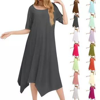 Женское повседневное модное платье миди с круглым вырезом и коротким рукавом, однотонное, с неровным подолом L бежевый