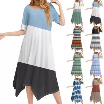 Женское повседневное модное платье миди с круглым вырезом и коротким рукавом с принтом и неровным подолом L чёрный