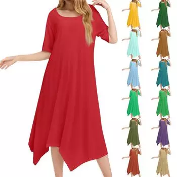 Женское повседневное модное платье миди с круглым вырезом и коротким рукавом, однотонное, с неровным подолом L армия зеленый