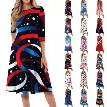 Женское повседневное модное платье миди с круглым вырезом и рукавом три четверти XXL