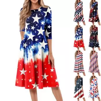 Женское повседневное модное платье миди с круглым вырезом и рукавом три четверти с принтом «День независимости» L