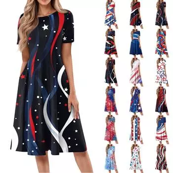 Женское повседневное модное платье миди с круглым вырезом и коротким рукавом с принтом XXL киноварь