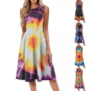 Женское повседневное модное платье миди с круглым вырезом и принтом тай-дай без рукавов, однотонное L чёрный