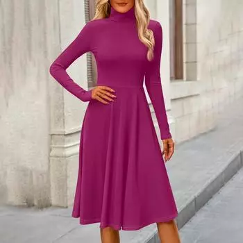 Женское повседневное модное платье миди с высоким воротом и длинными рукавами, однотонное S бежевый