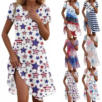 Женское повседневное модное платье миди с круглым вырезом и коротким рукавом с принтом «День независимости» L