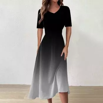 Женское повседневное модное платье с цветным V-образным вырезом и коротким рукавом на талии, длинное свободное платье L чёрный