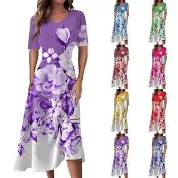 Женское повседневное модное платье с цветным V-образным вырезом и коротким рукавом на талии, длинное свободное платье L синий