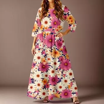 Женское повседневное модное платье с цветочным принтом, рукавом три четверти и карманами XXL