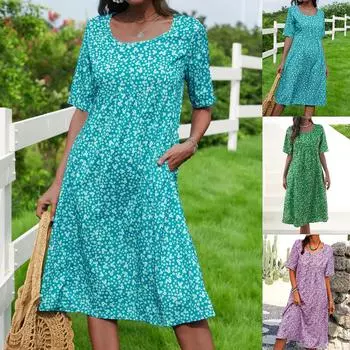 Женское повседневное модное платье с цветочным принтом и круглым вырезом и карманом и коротким рукавом XXL зелёный