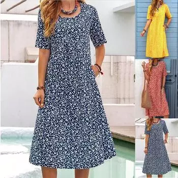 Женское повседневное модное платье с цветочным принтом и круглым вырезом и карманом и коротким рукавом L синий