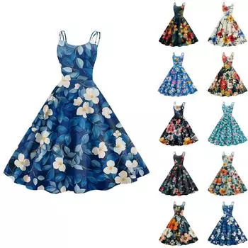 Женское повседневное модное платье с цветочным принтом, сексуальное с открытыми плечами, панк-ретро платье, ретро платье L синий