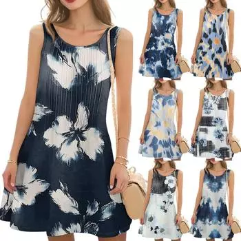 Женское повседневное модное платье с цветочным принтом и круглым вырезом без рукавов XXL