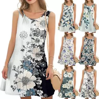 Женское повседневное модное платье с цветочным принтом и круглым вырезом без рукавов L