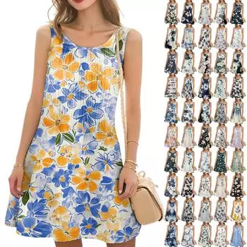 Женское повседневное модное платье с цветочным принтом и круглым вырезом без рукавов L тёмно-синий