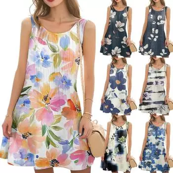 Женское повседневное модное платье с цветочным принтом и круглым вырезом без рукавов S белый