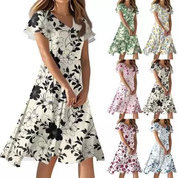 Женское повседневное модное платье с цветочным принтом и V-образным вырезом, короткая юбка с коротким рукавом M розовый